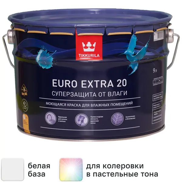 Краска для стен и потолков Tikkivala Euro Extra полуматовая цвет белый база А 9 л