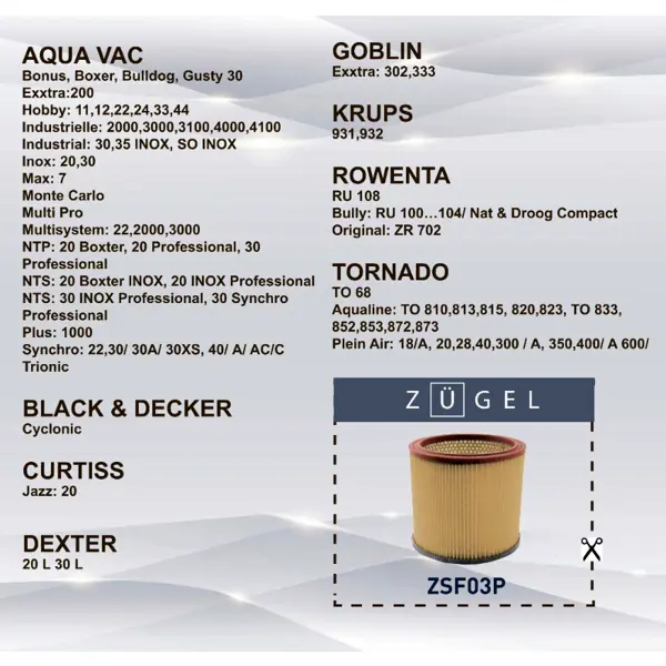 Фильтр воздушный Zugel ZSF03P, для пылесосов Dexter/Rowenta/Black&Decker