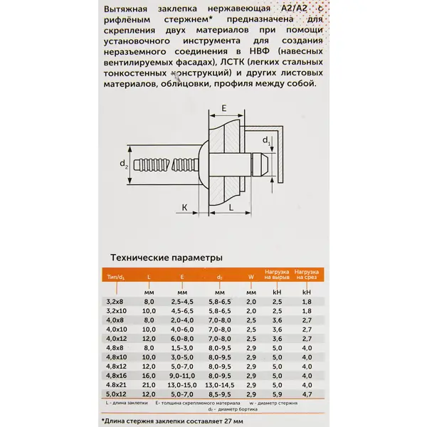 Заклепка вытяжная нержавеющая сталь 3.2x8 мм 50 шт.