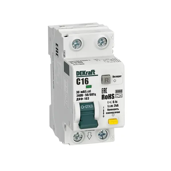 Дифференциальный автомат Dekraft ДИФ-103 1P+N C16 А 30 мА 6 кА AC 16311DEK